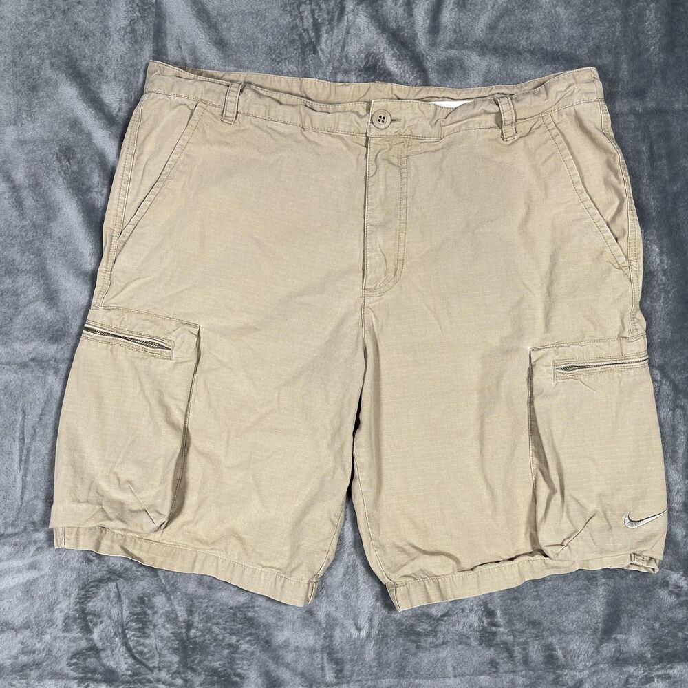 Nike Cargo Shorts Mens 36 Beige Cotton Canvas Zip Pockets Drawstring Sports